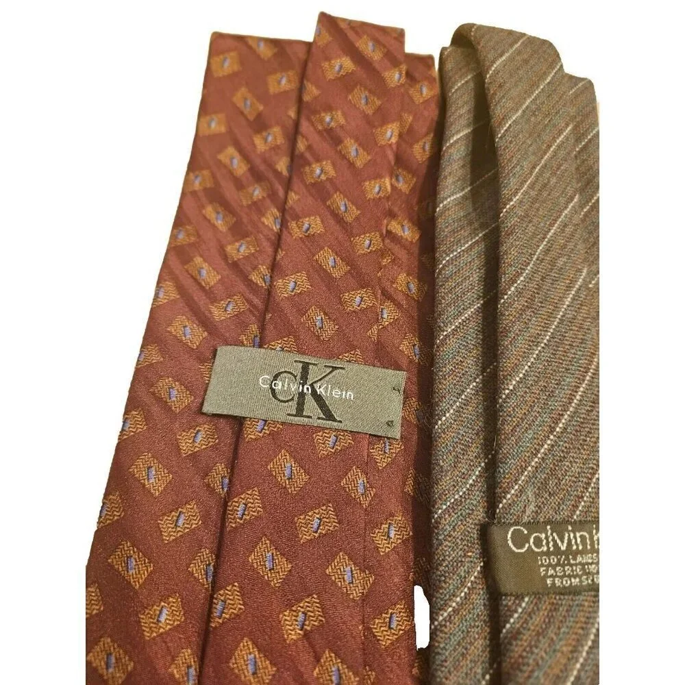CALVIN KLEIN Mens Striped 100% Silk & Lambswool Ties Set Of Two Great Condition